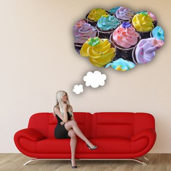 Woman Craving Cupcakes Concept with House Interior Art