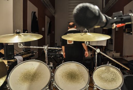 details of a set of drums inside a music studio