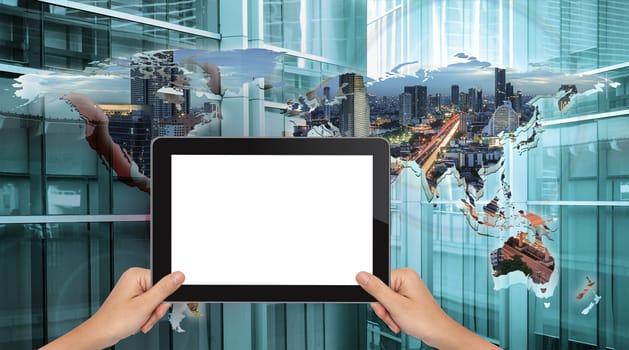 Hand shows black tablet in horizontal position on technology background - mockup template