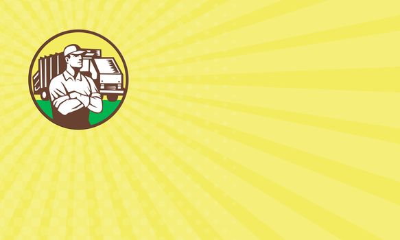Business card showing illustration of a garbage collector with folded arms and rubbish waste collection truck in background set inside circle done in retro style.