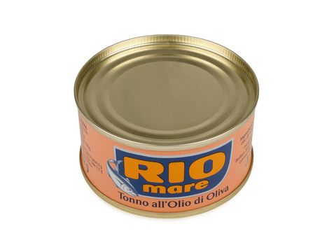 PULA, CROATIA - APRIL 17, 2016: Can of Rio Mare brand tuna in olive oil. Rio Mare is manufactured by Bolton Group, the European leader in canned tuna fish.