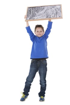 casual boy is holding a chalk board on white background