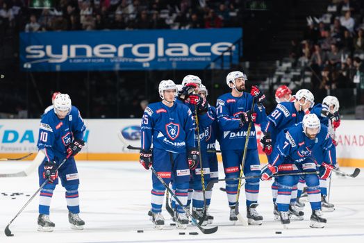 FRANCE, Paris: French ice hockey national team is seen during a friendly match against Denmark, at the AccorHotels Arena, in Paris, on April 17, 2016. Denmark won 2-1.