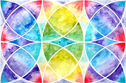 Watercolor geometric abstraction. Sacred Geometry. Pattern of circles. Grunge background. Bright colors watercolor