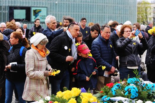 POLAND, Warsaw: People gathered at the Ghetto Heroes Monument in Warsaw, Poland on April 19, 2016, to commemorate the 73rd anniversary of the Warsaw Ghetto uprising.Members of the state and local governments, ambassadors, as well as those who are Righteous Among Nations attended the anniversary. The ceremony took place at the spot of the first armed clashes in 1943. The uprising started when Jewish residents of the ghetto refused surrender to the Nazi police commander. The entire ghetto was burned and the clashes ended on May 16. An estimated 13,000 people in the ghetto were killed in the revolt.