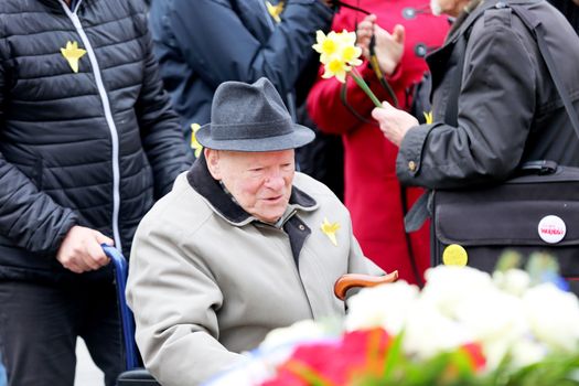 POLAND, Warsaw: An elderly man look on at the Ghetto Heroes Monument in Warsaw, Poland on April 19, 2016, on the 73rd anniversary of the Warsaw Ghetto uprising.Members of the state and local governments, ambassadors, as well as those who are Righteous Among Nations attended the anniversary. The ceremony took place at the spot of the first armed clashes in 1943. The uprising started when Jewish residents of the ghetto refused surrender to the Nazi police commander. The entire ghetto was burned and the clashes ended on May 16. An estimated 13,000 people in the ghetto were killed in the revolt.