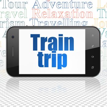 Travel concept: Smartphone with  blue text Train Trip on display,  Tag Cloud background, 3D rendering