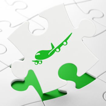 Vacation concept: Airplane on White puzzle pieces background, 3D rendering