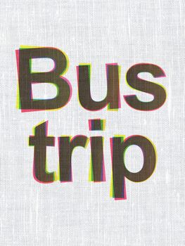 Tourism concept: CMYK Bus Trip on linen fabric texture background