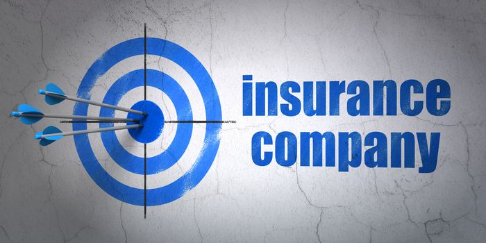 Success Insurance concept: arrows hitting the center of target, Blue Insurance Company on wall background, 3D rendering