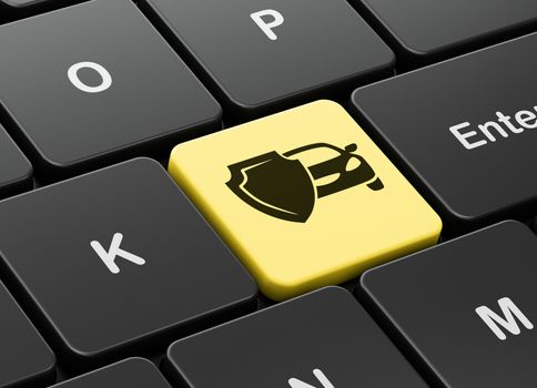 Insurance concept: computer keyboard with Car And Shield icon on enter button background, 3D rendering