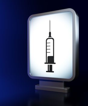 Healthcare concept: Syringe on advertising billboard background, 3D rendering