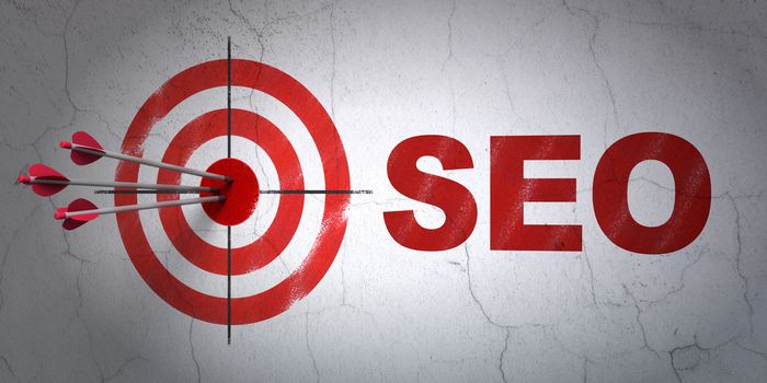 Success web development concept: arrows hitting the center of target, Red SEO on wall background, 3D rendering