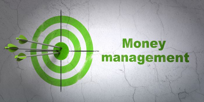 Success banking concept: arrows hitting the center of target, Green Money Management on wall background, 3D rendering