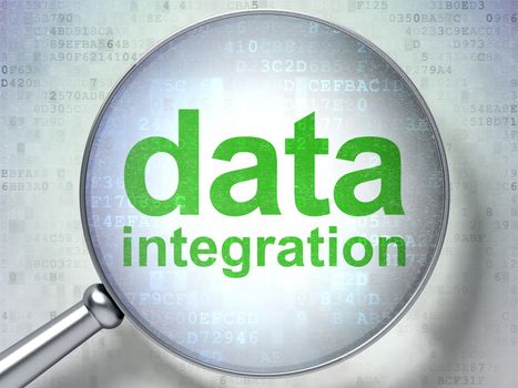 Information concept: magnifying optical glass with words Data Integration on digital background, 3D rendering