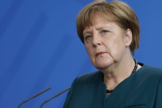 GERMANY, Berlin: German Chancellor Angela Merkel looks on during a meeting at the chancellery in Berlin on April 19, 2016.The meeting covered the bilateral relations of the nations, the developments in the Palestinian territories and the Middle East peace process. 