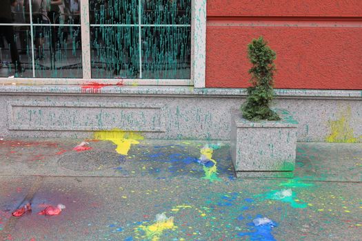 MACEDONIA, Skopje: Paint spatter covers the ground as thousands continue anti-government protests in Skopje, Macedonia on April 19, 2016. The protests began nearly one week ago, as demonstrators denounced President Gjorge Ivanov's decision to halt probes into more than 50 public figures involved in a wiretapping scandal. Meanwhile, snap elections have been called for June 5.