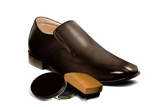 Men brown shoe with polisher and brush