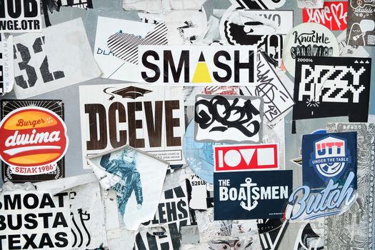 Tokyo, Japan - March 30, 2016 :Bumper stickers and graffiti on the street,Harajuku,Tokyo Japan.Harajuku is known as a center of Japanese youth culture and fashion.
