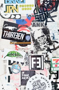 Tokyo, Japan - March 30, 2016 :Bumper stickers and graffiti on the street,Harajuku,Tokyo Japan.Harajuku is known as a center of Japanese youth culture and fashion.