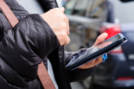 Close up of business woman using digital tablet,Social Media Life