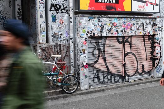 Tokyo, Japan - March 30, 2016 :Bumper stickers and graffiti on the street,Harajuku,Tokyo Japan.Harajuku is known as a center of Japanese youth culture and fashion.