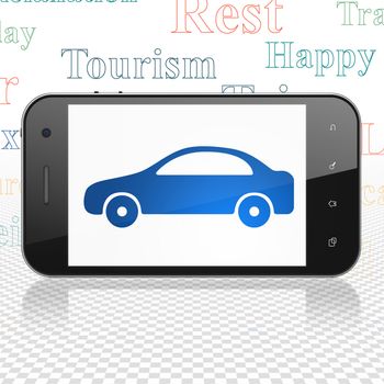 Travel concept: Smartphone with  blue Car icon on display,  Tag Cloud background, 3D rendering