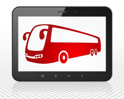 Vacation concept: Tablet Pc Computer with red Bus icon on display, 3D rendering