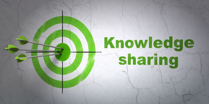 Success Learning concept: arrows hitting the center of target, Green Knowledge Sharing on wall background, 3D rendering