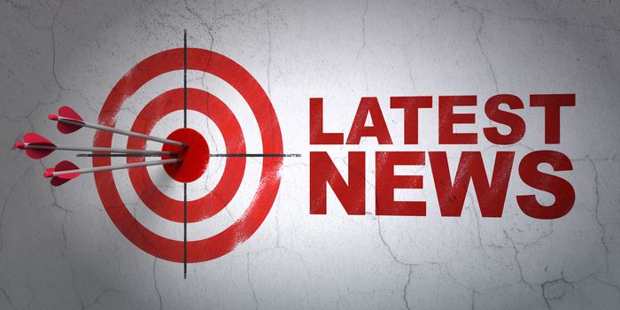 Success news concept: arrows hitting the center of target, Red Latest News on wall background, 3D rendering