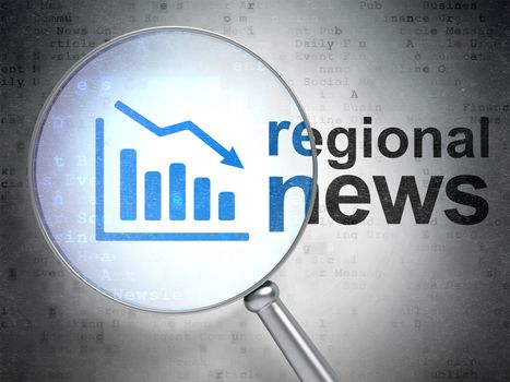 News concept: magnifying optical glass with Decline Graph icon and Regional News word on digital background, 3D rendering