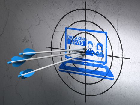 Success news concept: arrows hitting the center of Blue Breaking News On Laptop target on wall background, 3D rendering