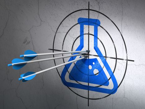 Success Science concept: arrows hitting the center of Blue Flask target on wall background, 3D rendering