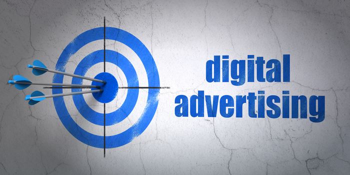 Success advertising concept: arrows hitting the center of target, Blue Digital Advertising on wall background, 3D rendering