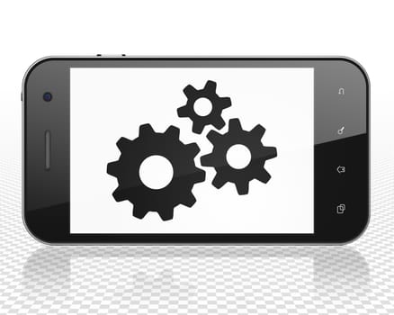 Advertising concept: Smartphone with black Gears icon on display, 3D rendering