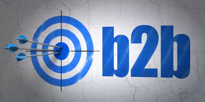Success business concept: arrows hitting the center of target, Blue B2b on wall background, 3D rendering