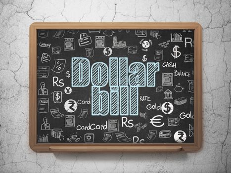 Banking concept: Chalk Blue text Dollar Bill on School board background with  Hand Drawn Finance Icons, 3D Rendering