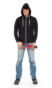 Robber with red bolt cutters, isolated on white