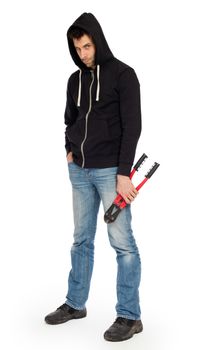 Robber with red bolt cutters, isolated on white