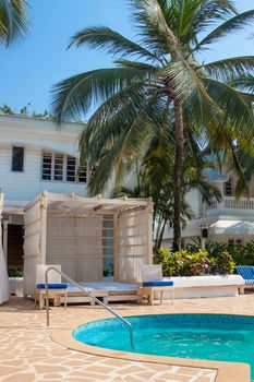 Bright relax travel photo with blue pool and green palms