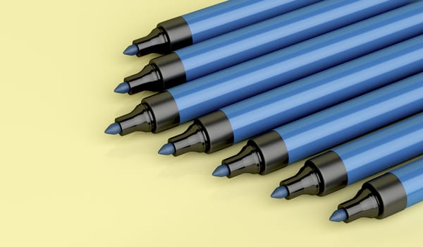 Close-up of blue permanent markers, 3d illustration