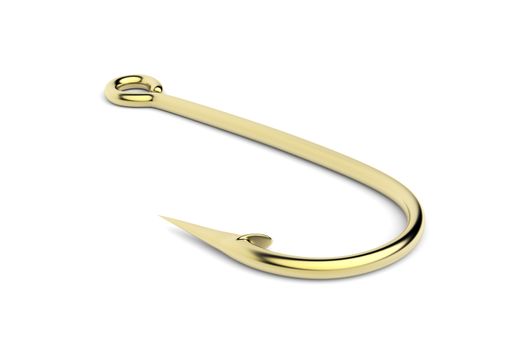 Shiny golden fish hook on white background