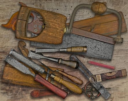 vintage woodworking  tools over wooden bench