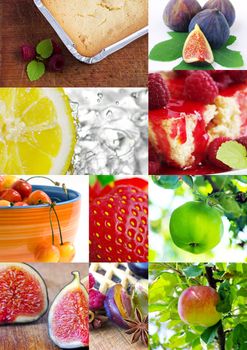 colorful fruit collage with cake