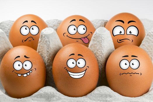 Eggs with faces and various expressions
