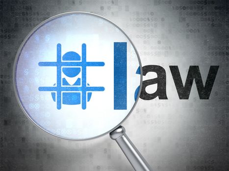 Law concept: magnifying optical glass with Criminal icon and Law word on digital background, 3D rendering