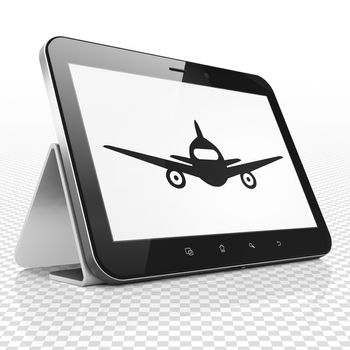 Vacation concept: Tablet Computer with black Aircraft icon on display, 3D rendering