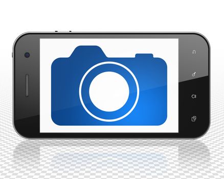 Tourism concept: Smartphone with blue Photo Camera icon on display, 3D rendering