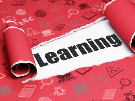 Learning concept: black text Learning under the curled piece of Red torn paper with  Hand Drawn Education Icons, 3D rendering