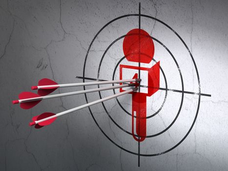 Success news concept: arrows hitting the center of Red Microphone target on wall background, 3D rendering